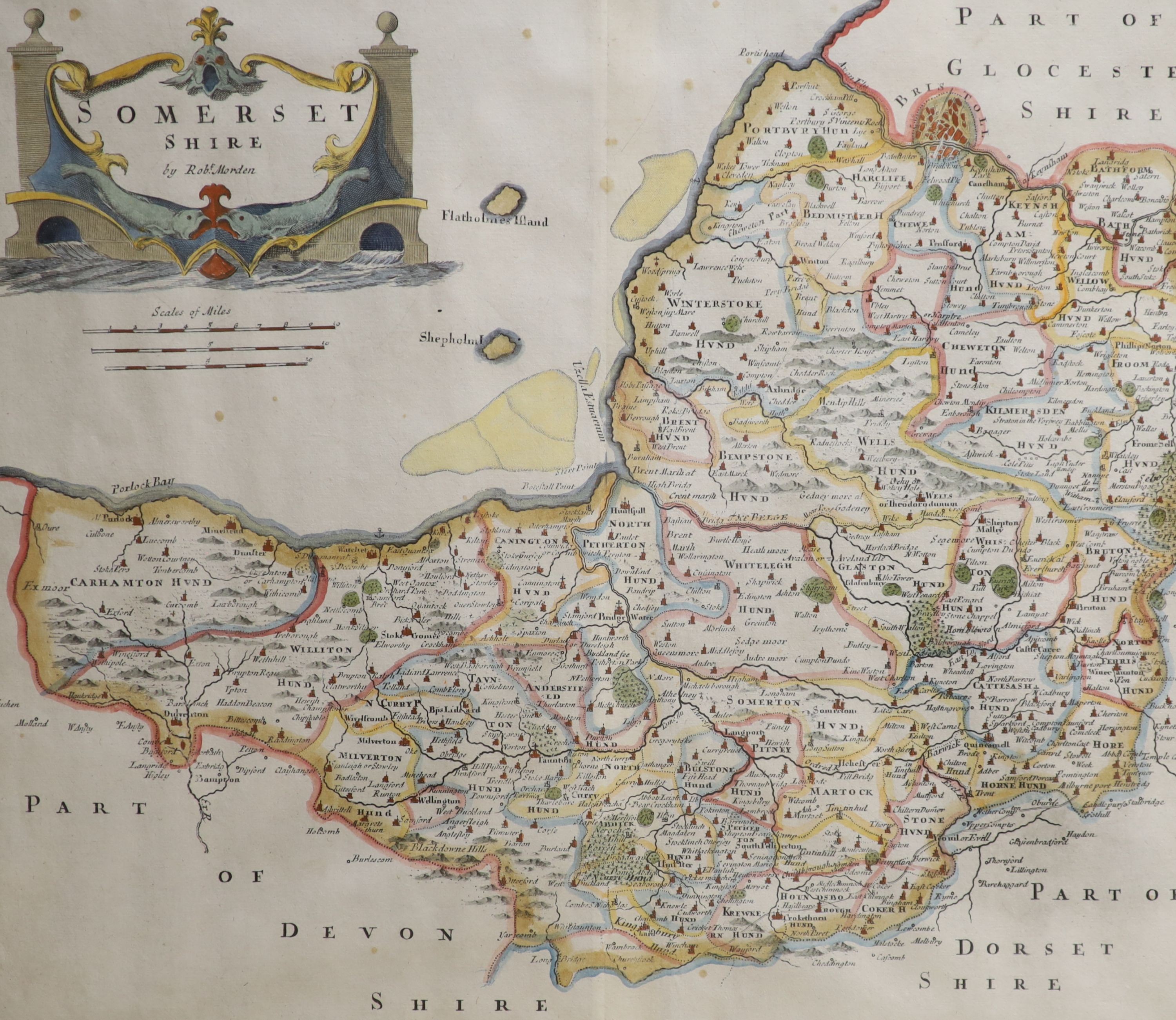 Robert Morden, (1650-1703), coloured engraving, Map of Somersetshire, circa.1695, 36 x 42cm